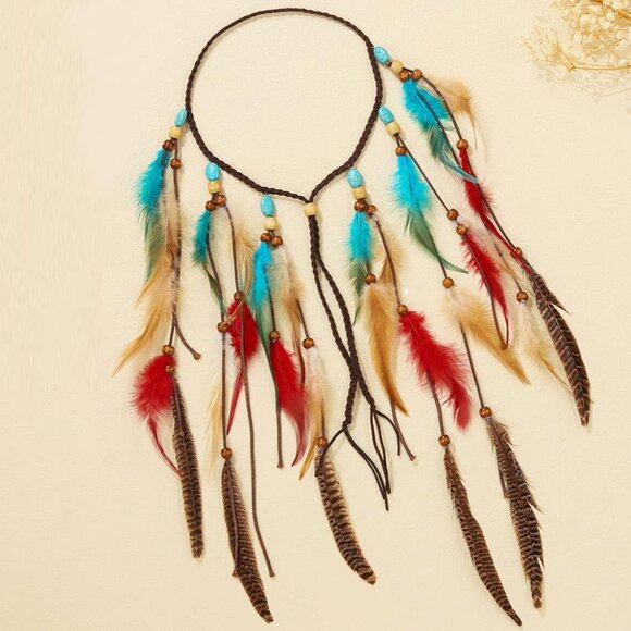 Boho Feather Headband Women Girls Adjustable Gypsy Costume Accessory - Picture 2 of 7